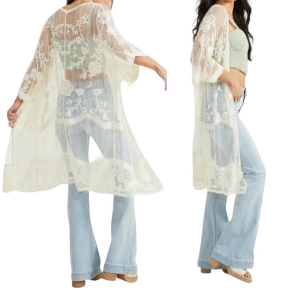 Adiva Boho Embroidered Lace Kimono Open Front Bell Sleeves Sz L - Picture 2 of 8